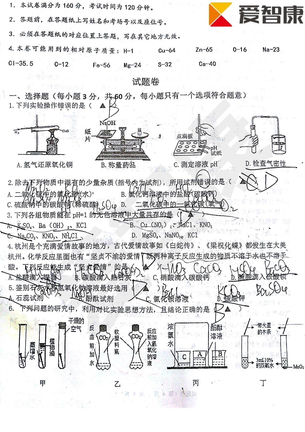 浙江杭州市金山中学2018届九年级上学期期中考试科学试题（PDF版，无答案）