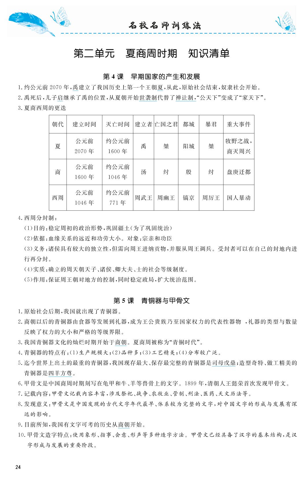 第02单元 夏商周时期 知识清单-2018-2019年本土教辅名校学案初中生辅导七年级历史上册（部编人教版）