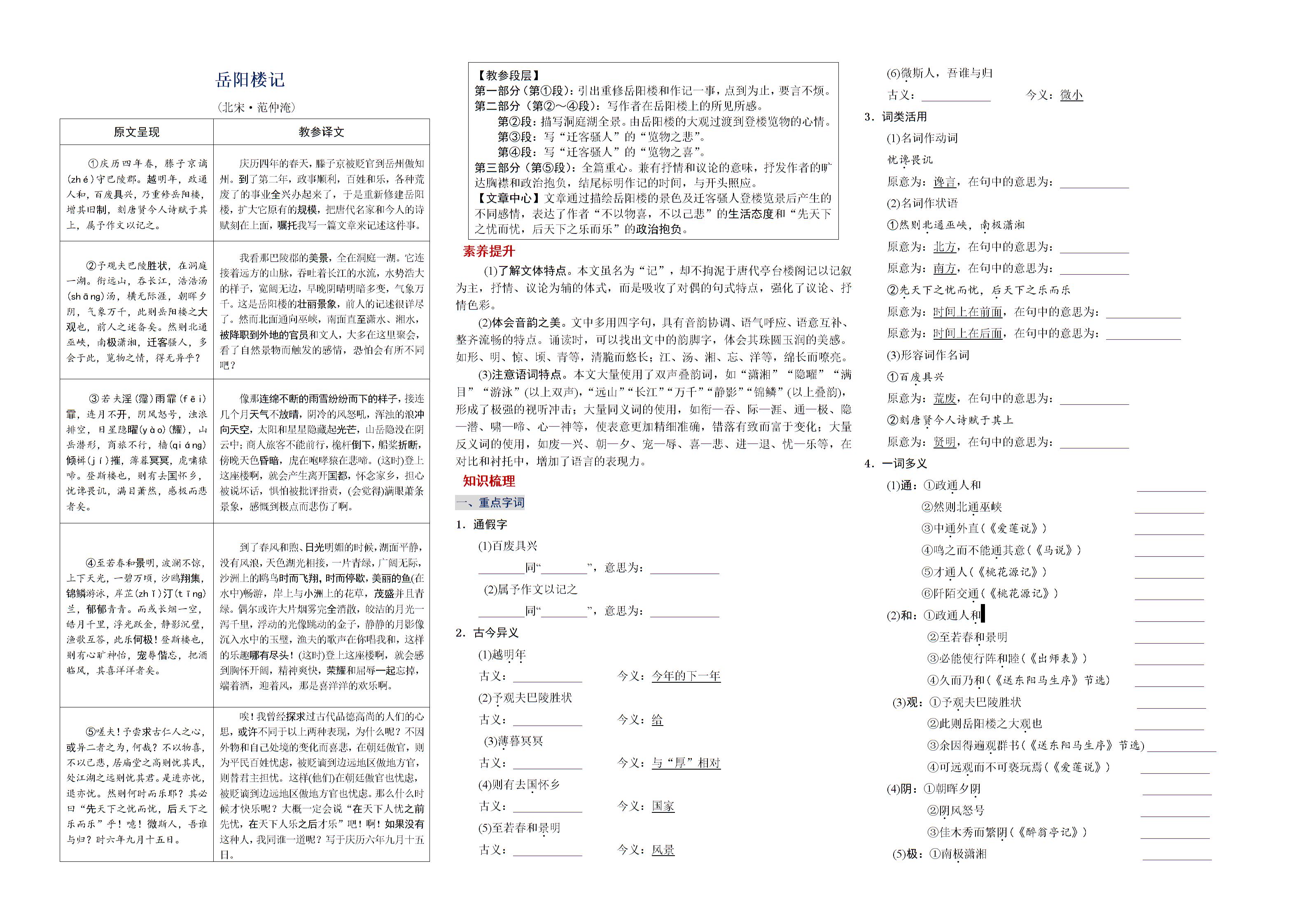 人教部编版中考文言文复习练习精编《岳阳楼记》