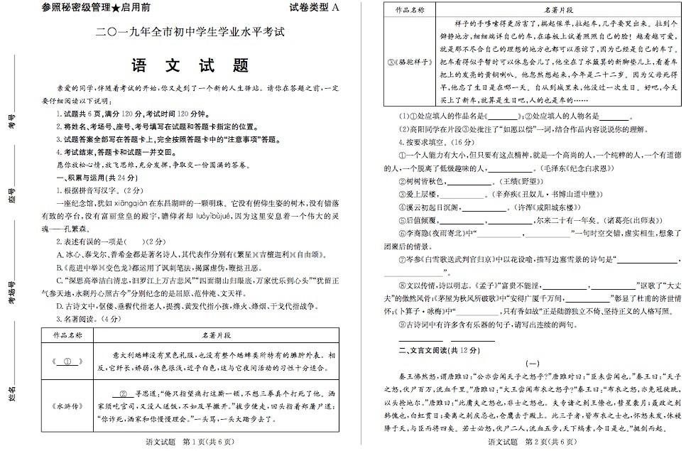 2019年山东省聊城市中考语文试题（图片版）