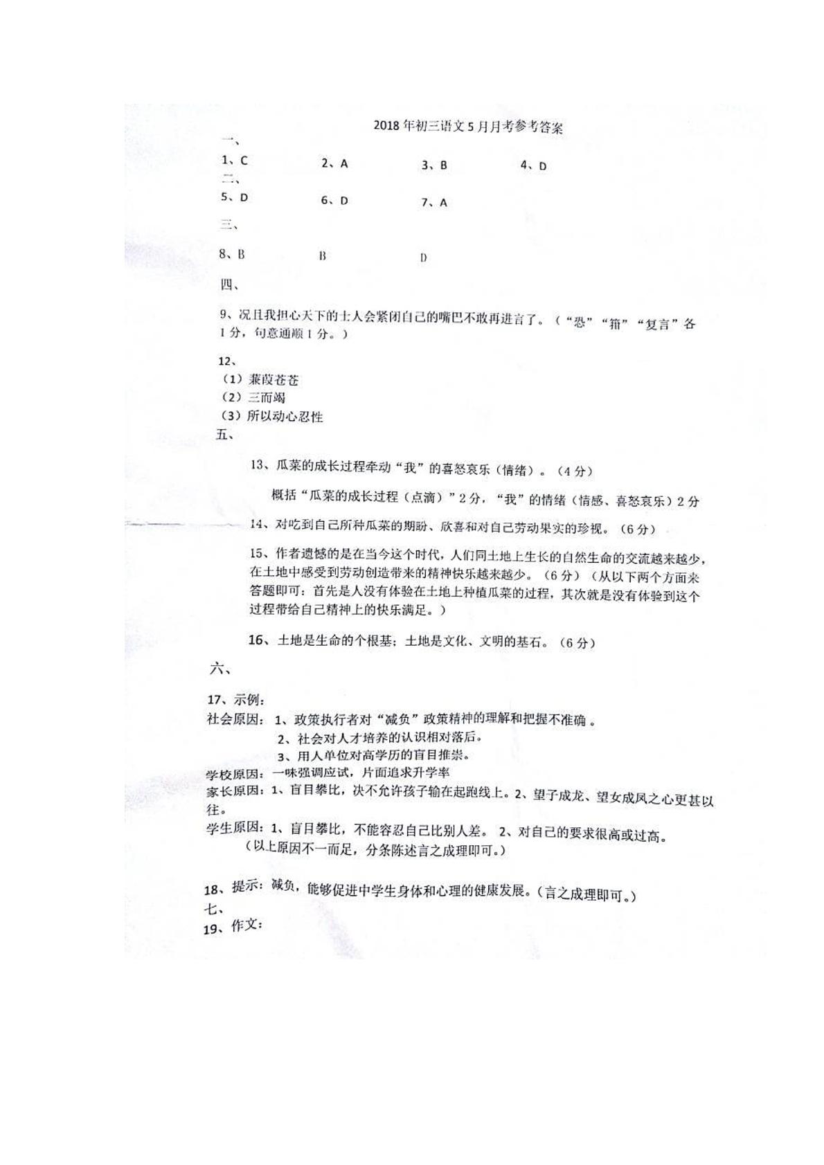 湖北省武汉外校2017-2018学年九年级5月月考语文试题