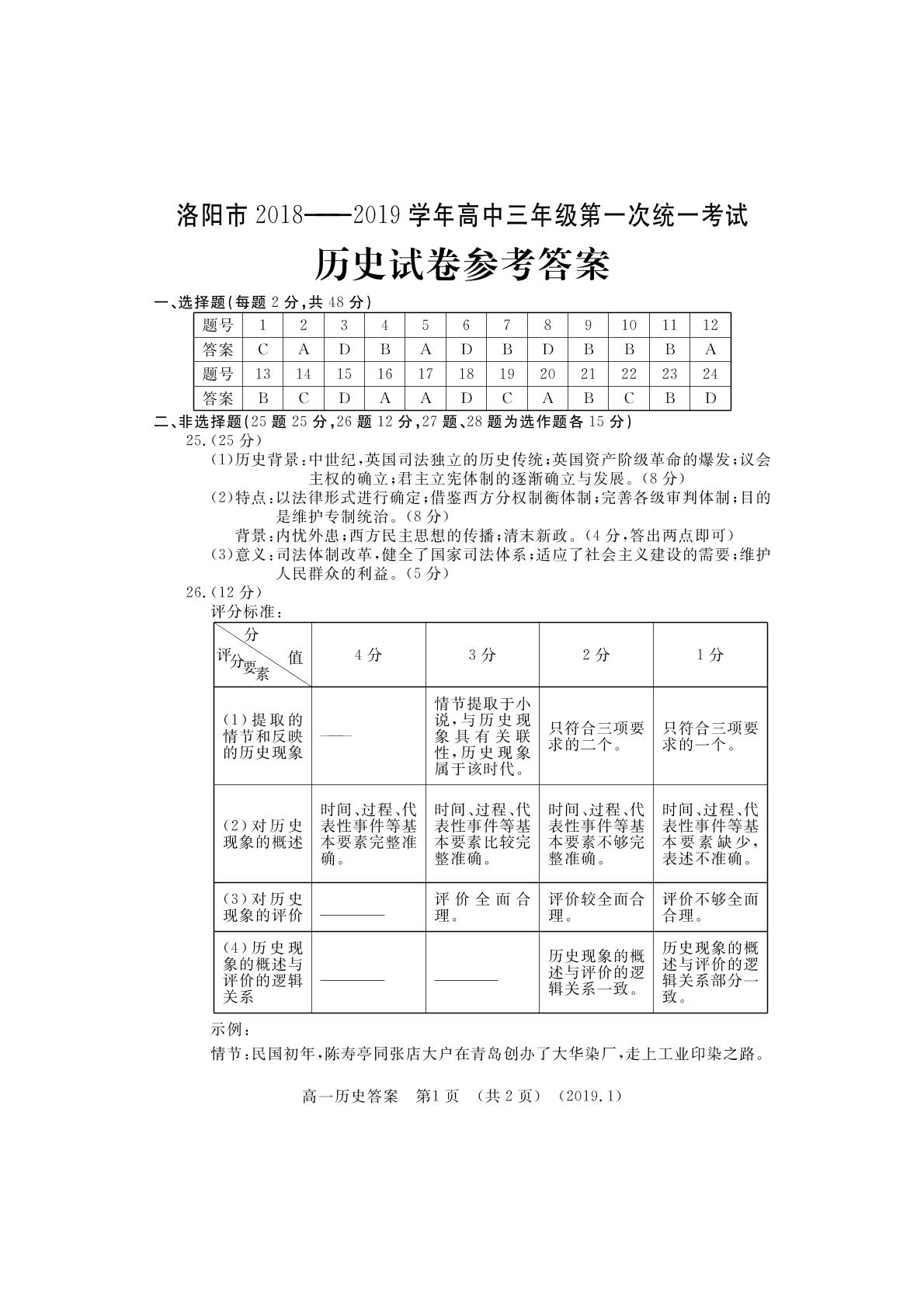河南省洛阳市2019届高三上学期第一次统一考试历史试题（扫描版）