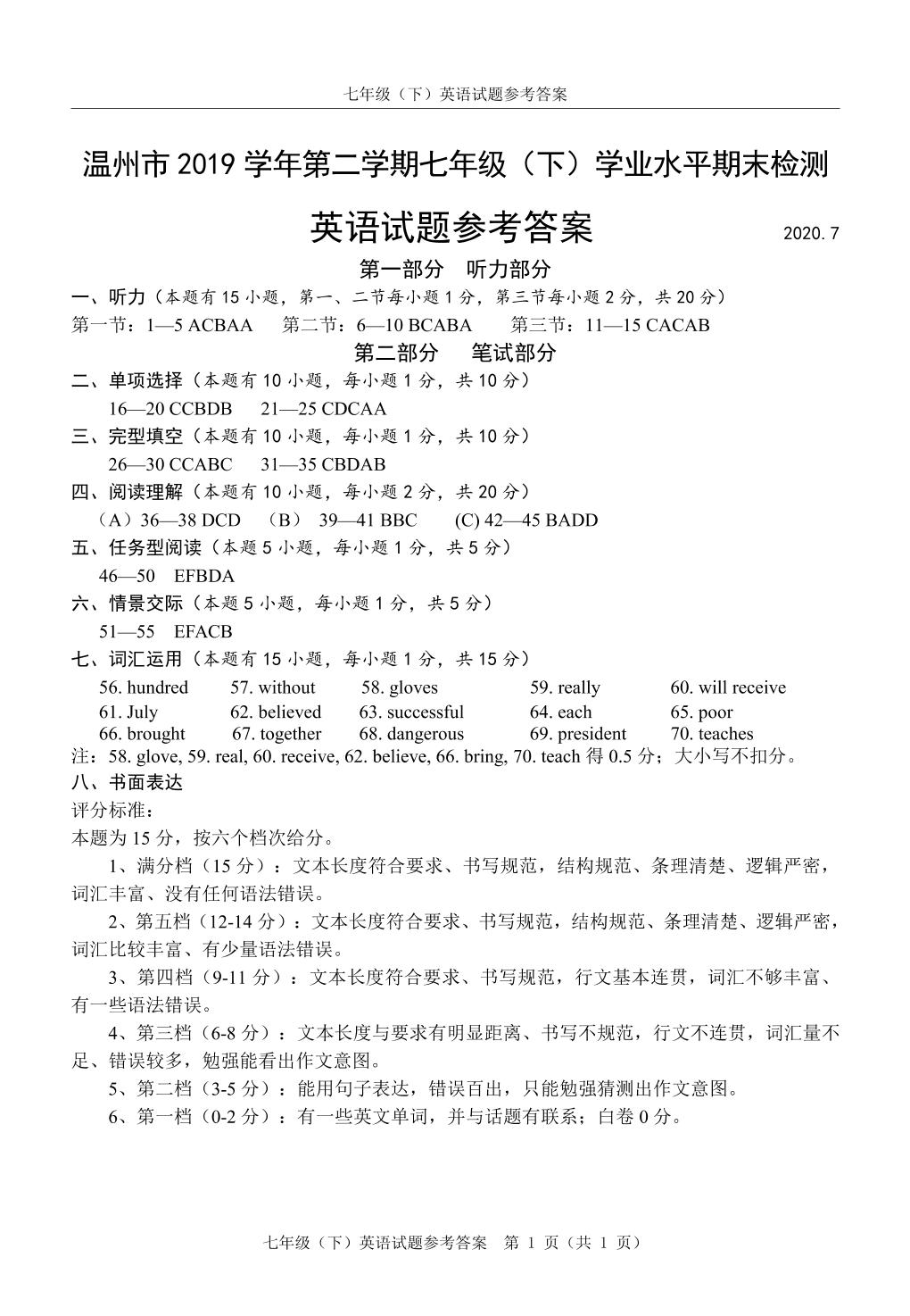 浙江省温州市2019-2020学年七年级下学期期末检测英语试题（图片版，含听力）