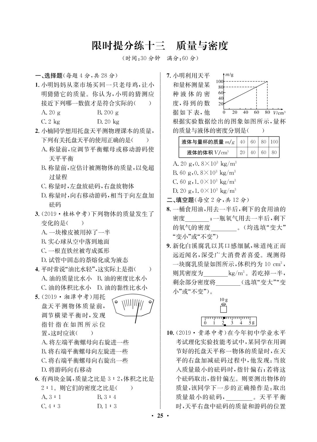 限时提分练13 质量和密度-2020-2021学年八年级初三上册物理【夺冠必刷卷】鲁教版（五四通用）