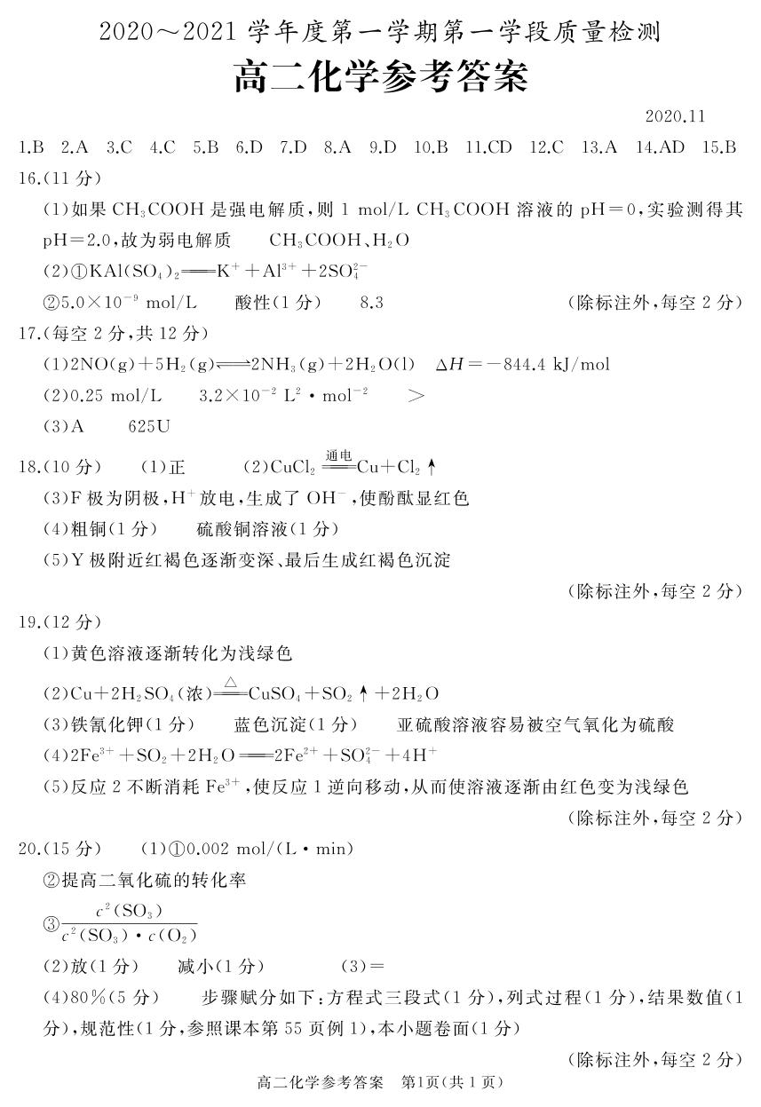 山东省枣庄市2020-2021学年高二上学期期中考试化学试题（扫描版）