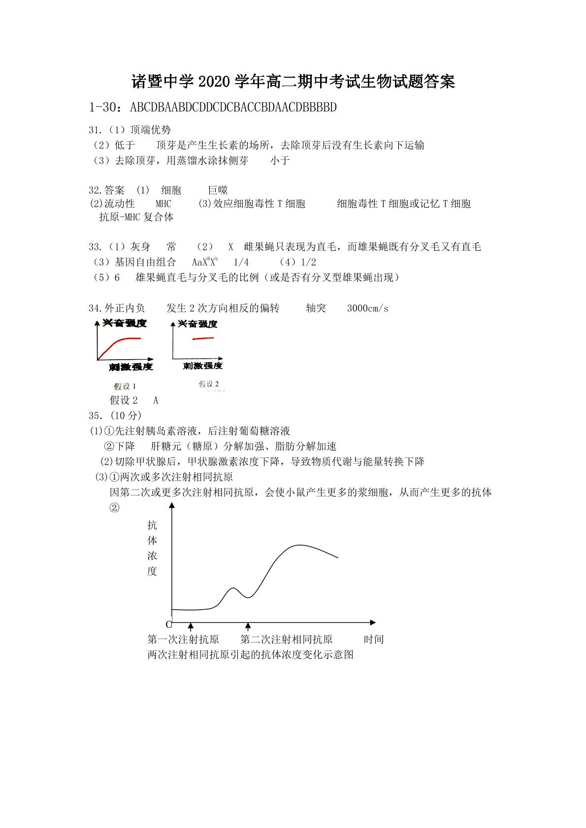 浙江省诸暨中学2020-2021学年高二上学期期中考试生物试题（平行班） PDF版含答案