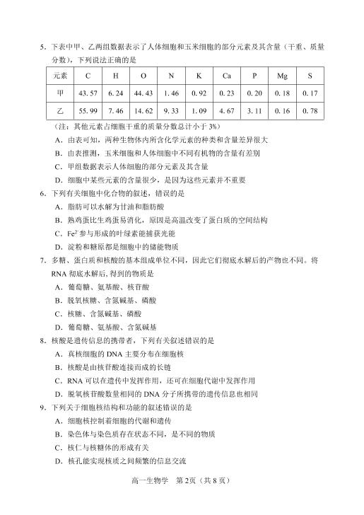 辽宁省沈阳市2020——2021学年高一上学期生物教学质量监测试卷（PDF版）