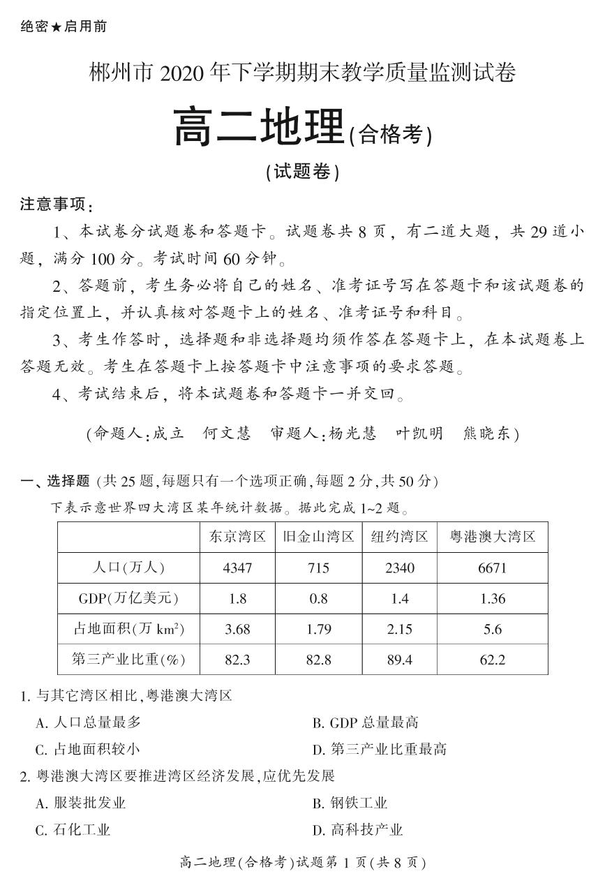 湖南省郴州市2020-2021学年高二上学期期末考试地理(合)试题（PDF版）