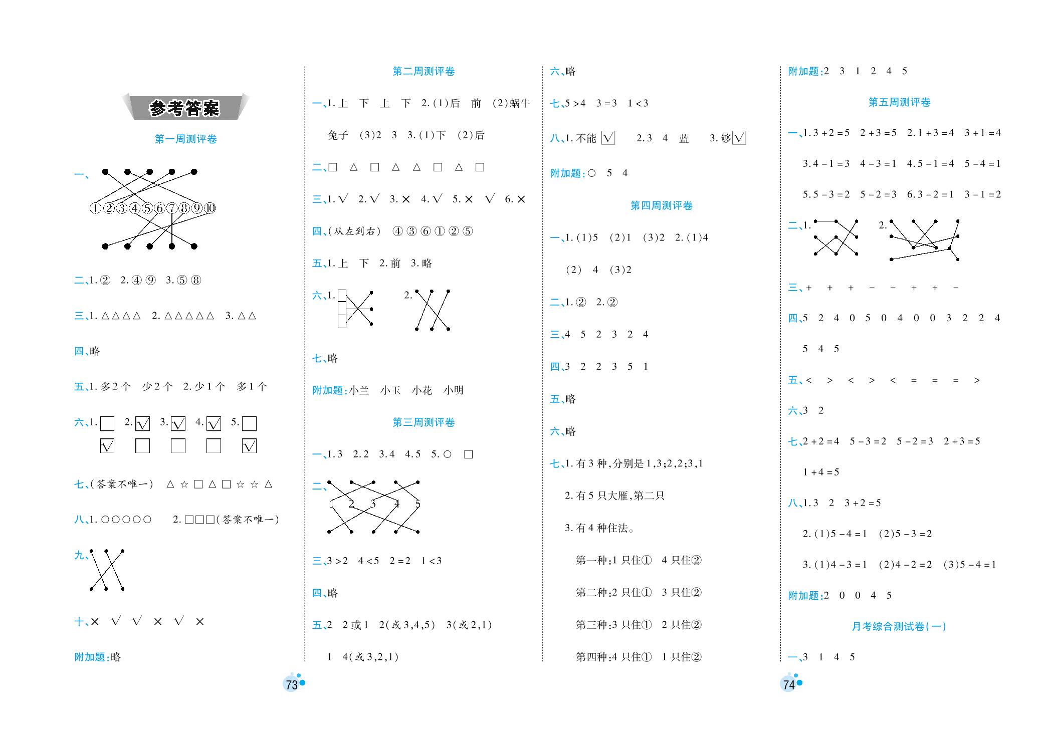 第十一周测评卷2019-2020学年一年级上册数学同步周考【夺冠金卷】人教新课标(2014秋)(PDF版,含答案)