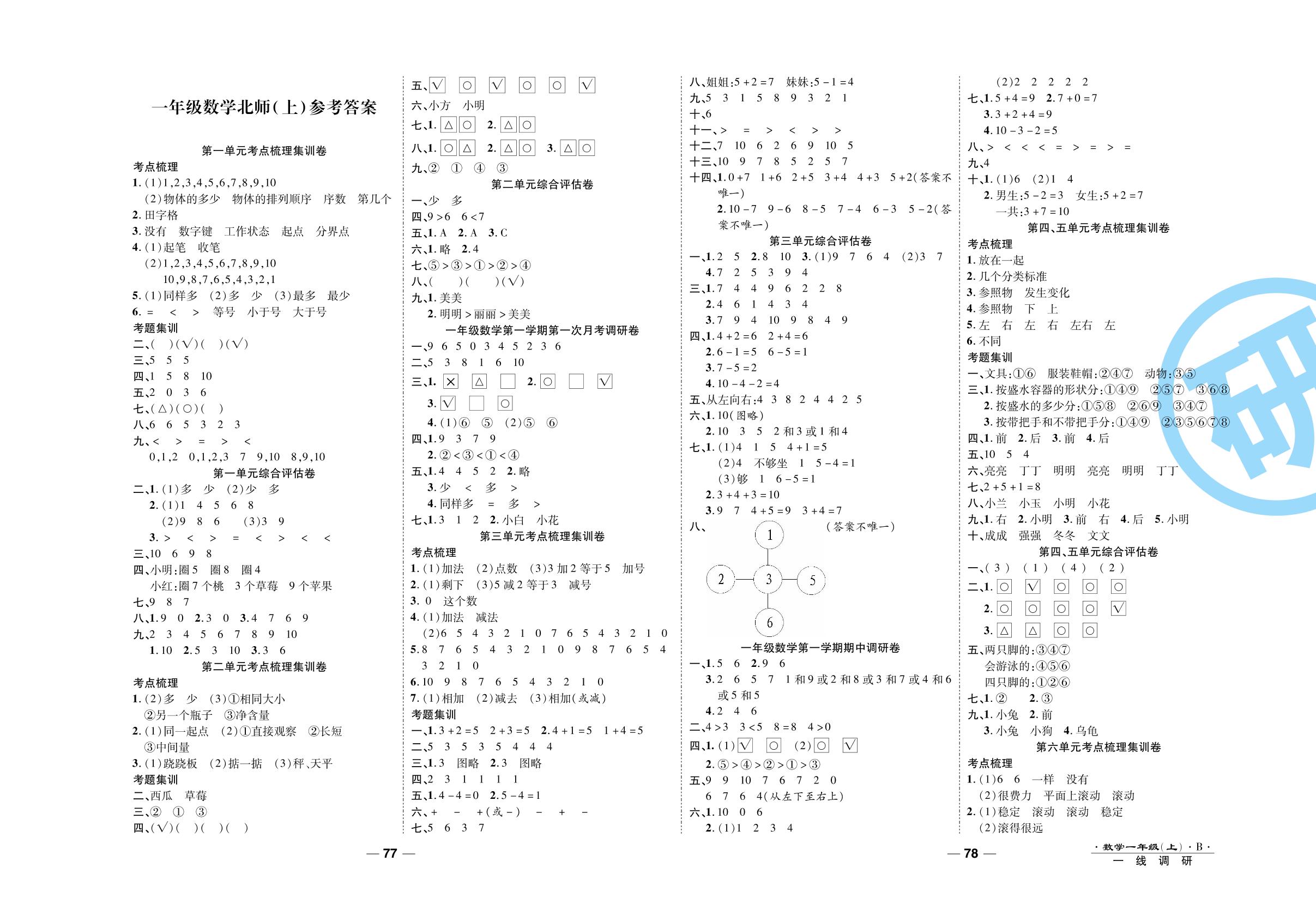 第二单元考点梳理集训卷-2020-2021学年一年级上册数学89所名校名师【一线调研卷】（北师大版）