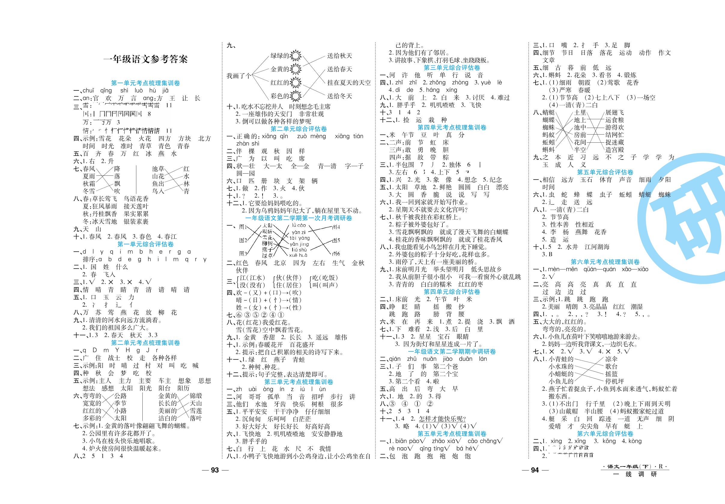 第一单元综合评估卷-2020-2021学年一年级语文下册89所名校名师【一线调研卷】（人教版）