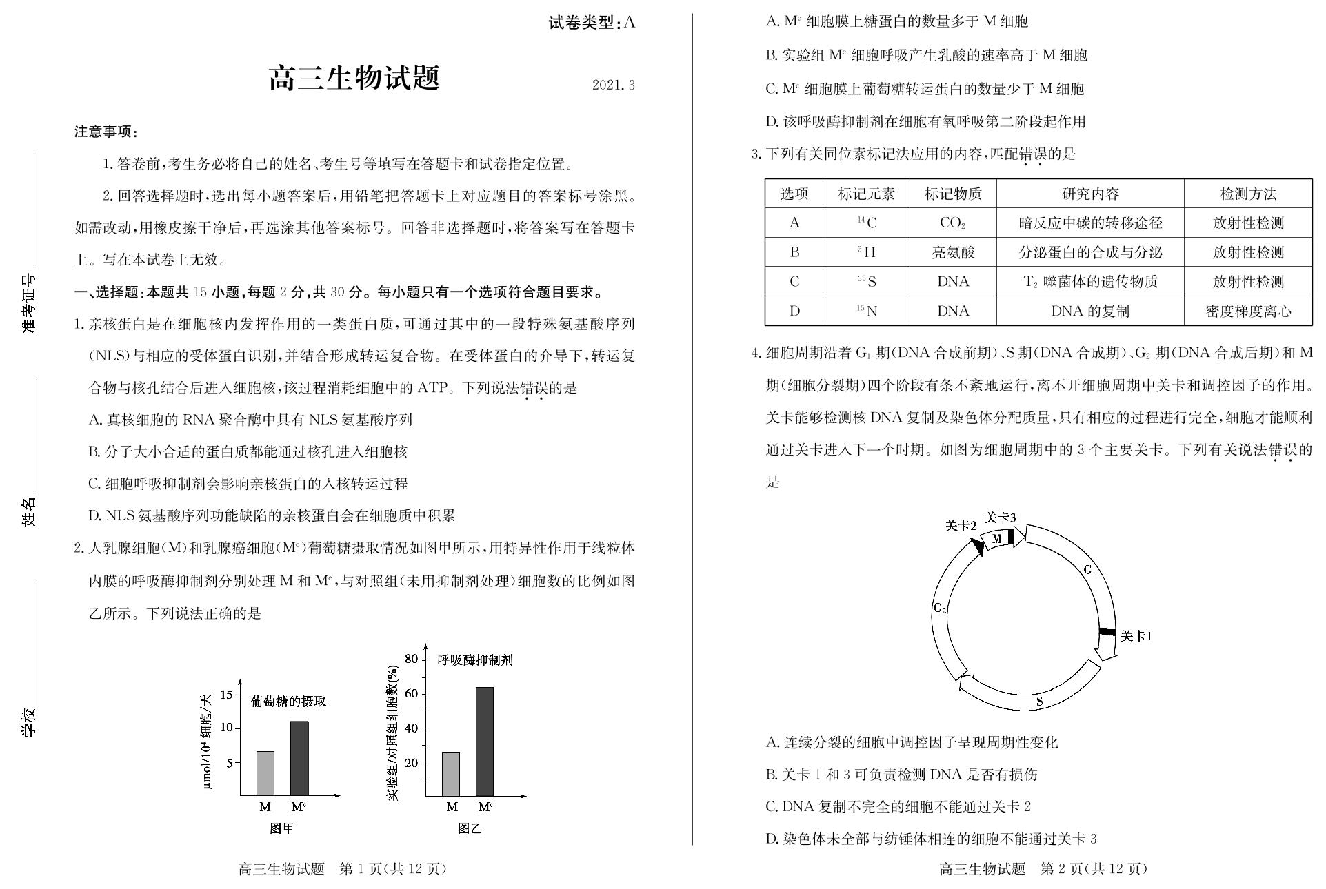 2021届山东省滨州市高考第一次模拟考试生物试题（扫描版）