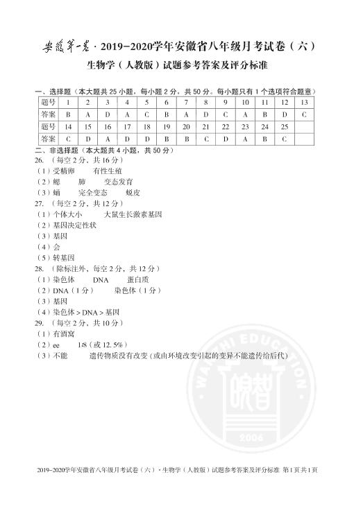 安徽第一卷·2019-2020学年安徽省八年级月考试卷（六）（下学期期中）生物（人教版）