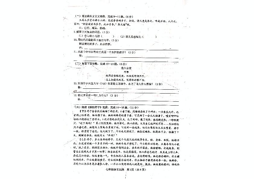 江苏省新沂市2019-2020学年七年级下学期期中考试语文试题（图片版，无答案）