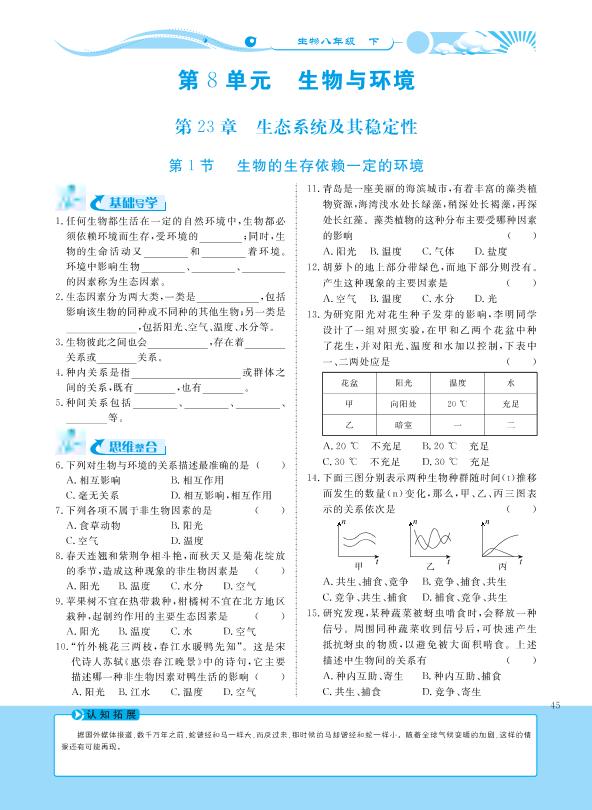 23.1 生物的生存依赖一定的环境-【学力水平同步检测与评估】2020-2021学年八年级下册初二生物（北师大版）