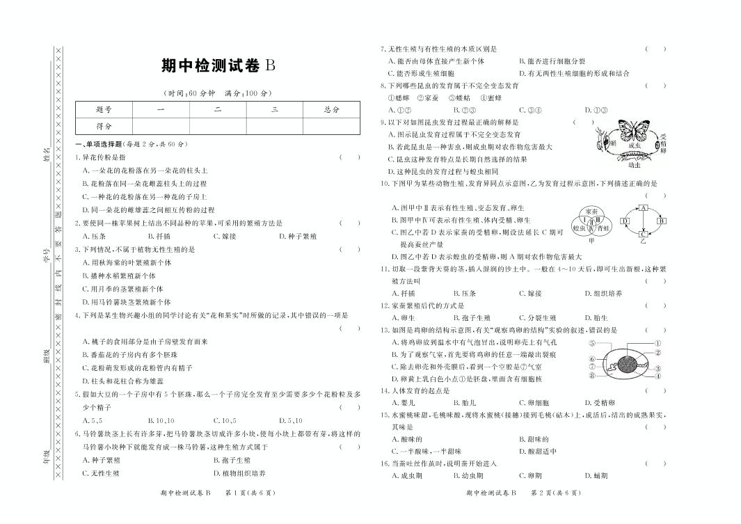 期中检测试卷 B-【学力水平同步检测与评估】2020-2021学年八年级下册初二生物（冀少版）