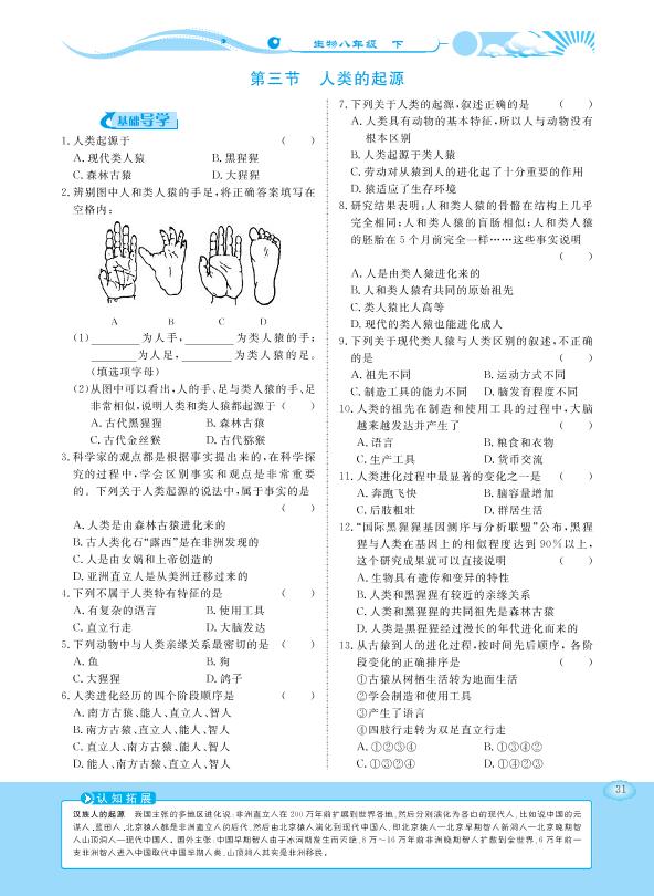6.3.3 人类的起源-【学力水平同步检测与评估】2020-2021学年八年级下册初二生物（冀少版）