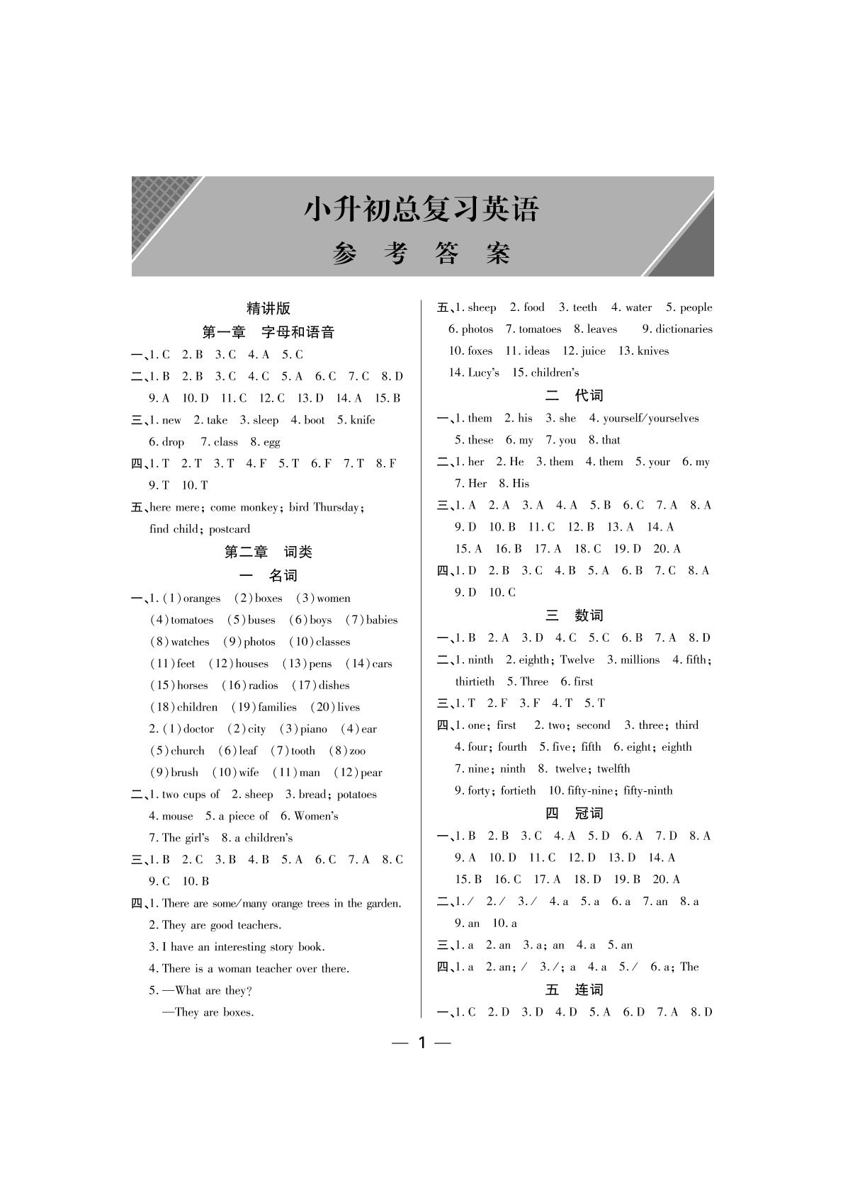 第二章 词类 一 名词-六年级英语培优小升初总复习(精讲+精练+模拟)