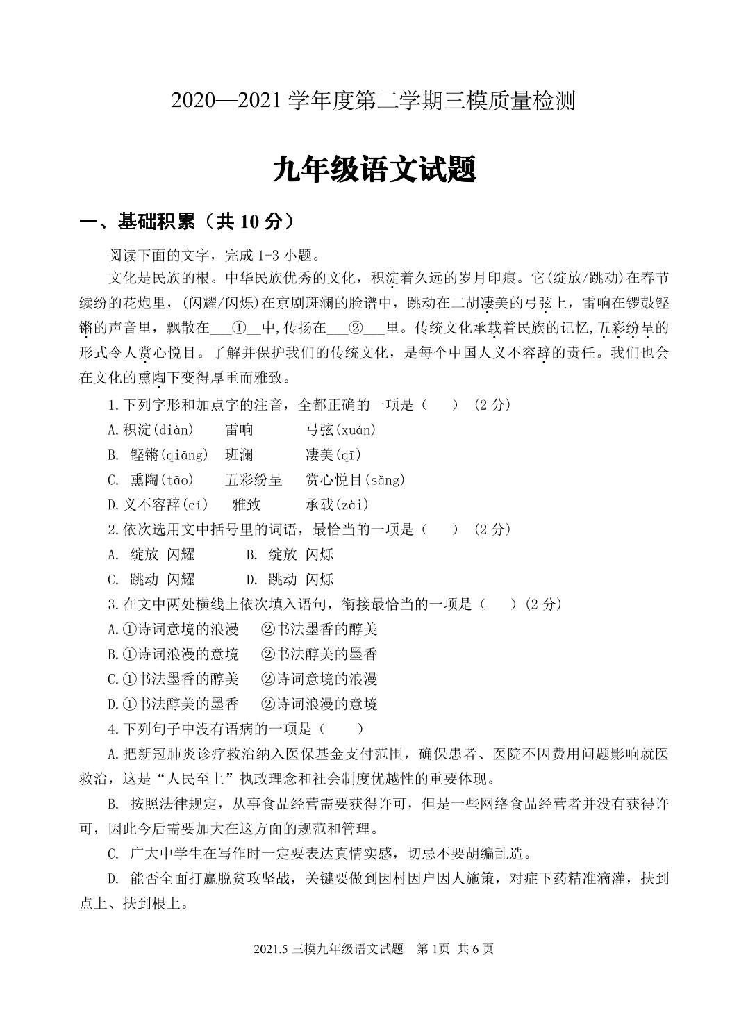 2021年山东省济宁市金乡县中考三模语文试题（PDF版）
