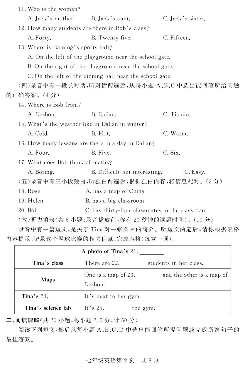 山东省德州禹城市2021-2022学年七年级上学期期中考试英语试题