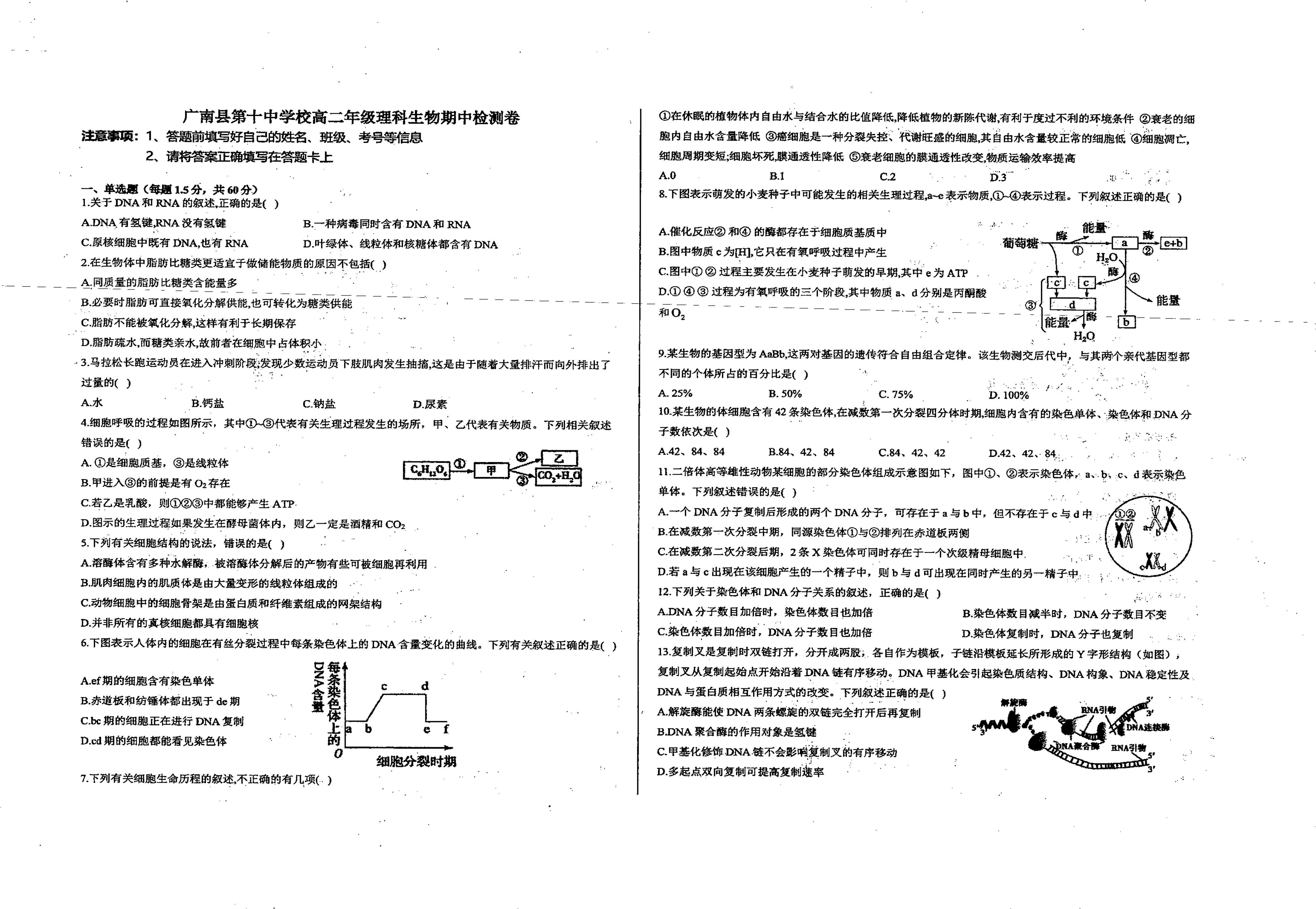 云南省文山州广南县第十中学校2021-2022学年高二上学期期中理科生物试题