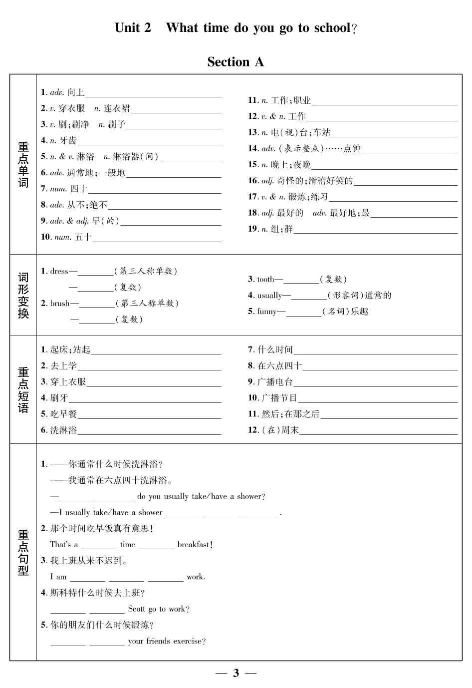 Unit 2 What time do you go to school 晨读、默写手册-2022春【鸿鹄志·名师测控】七年级下册初一英语（人教版）