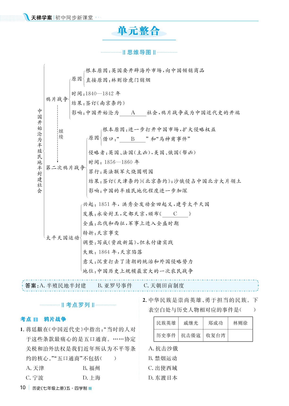 第一单元 中国开始沦为半殖民地半封建社会单元整合-2022秋七年级历史上册【天梯学案】初中同步新课堂（人教部编版）五四学制