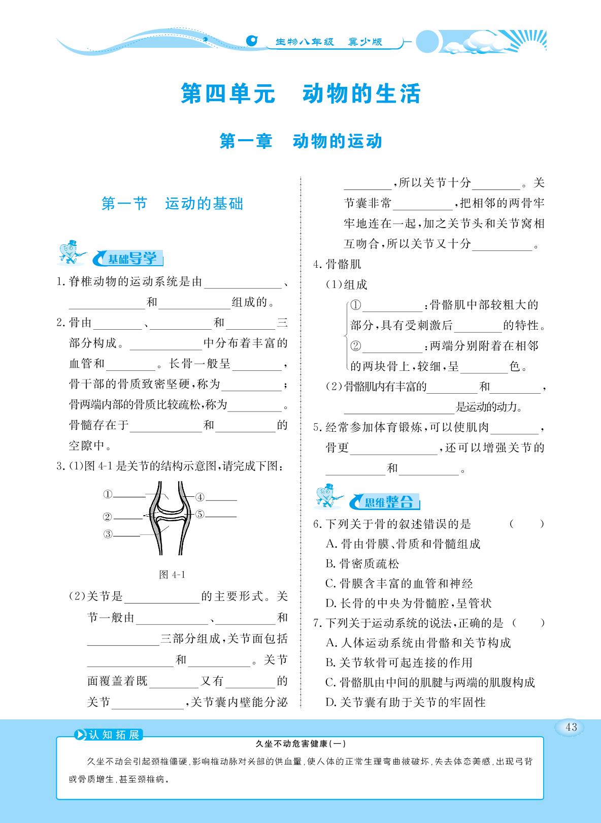 4.1.1 运动的基础（同步练习）- 2022-2023学年八年级上册初二生物【学力水平同步检测与评估】（冀少版）