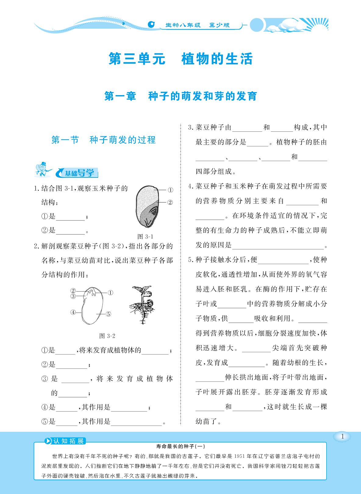 3.1.1 种子萌发的过程（同步练习）- 2022-2023学年八年级上册初二生物【学力水平同步检测与评估】（冀少版）