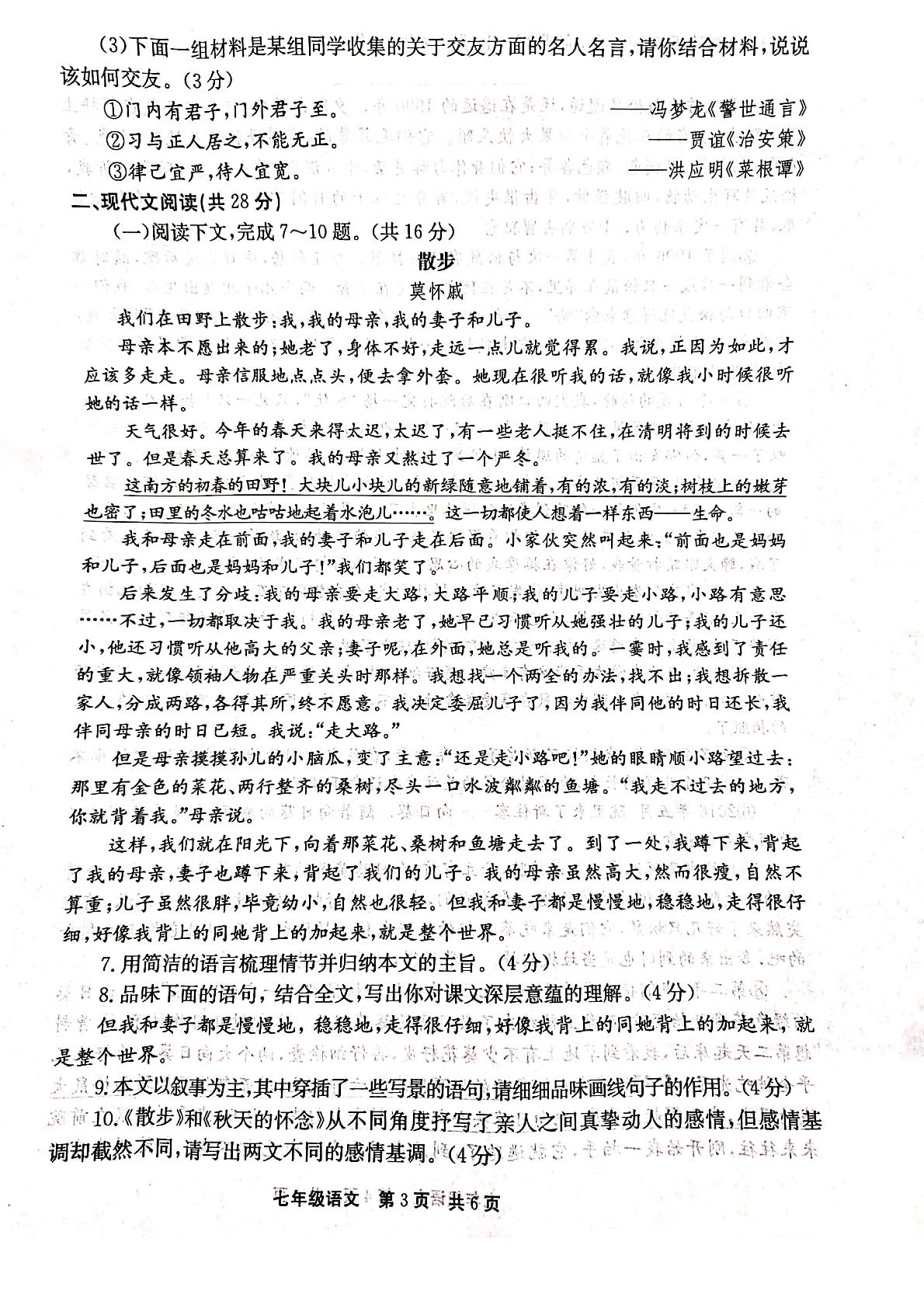 河南省新乡市辉县市2022-2023学年七年级上学期11月期中语文试题