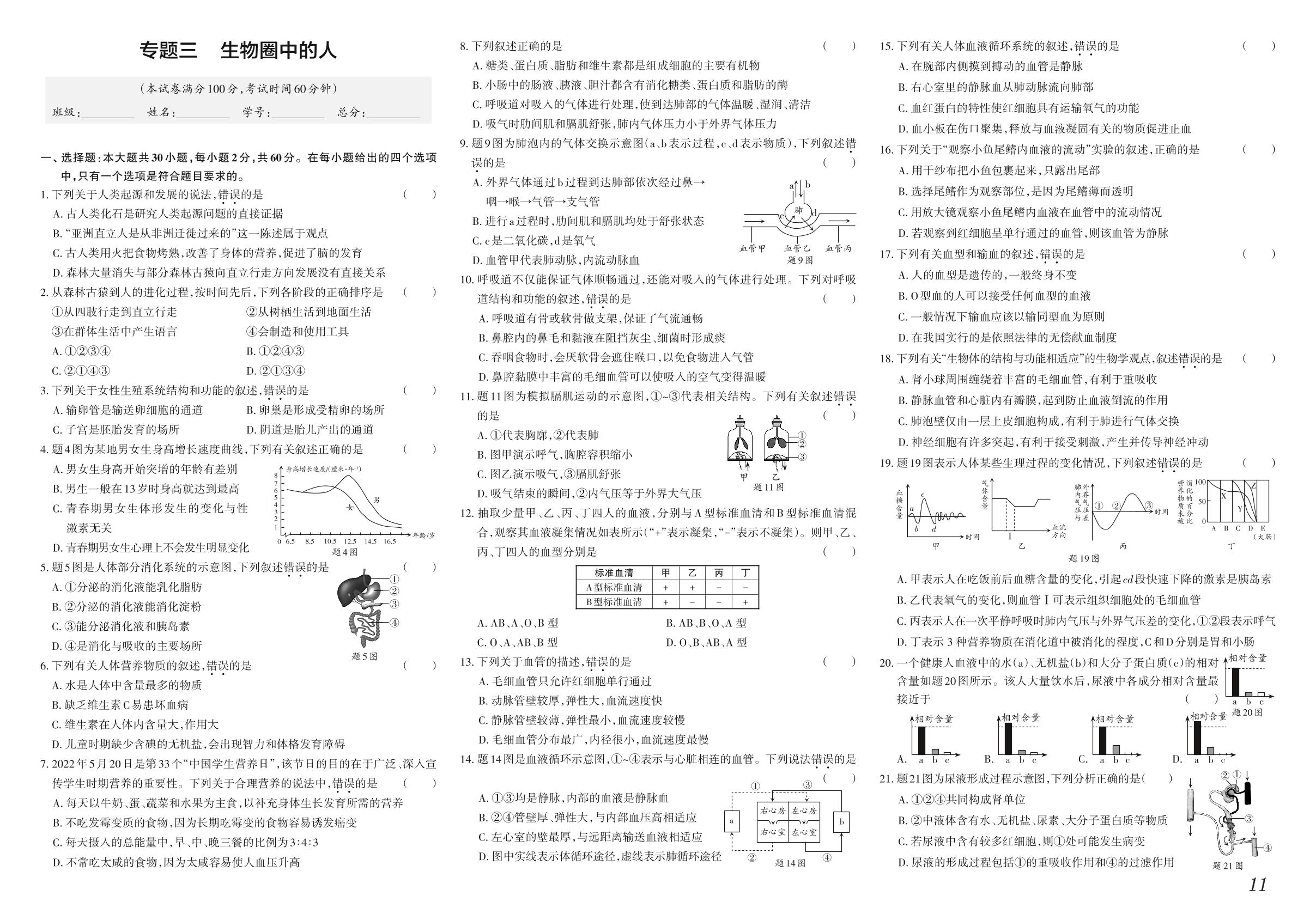 专题三 生物圈中的人-【中考冲刺】2022广东省中考仿真模拟生物试卷