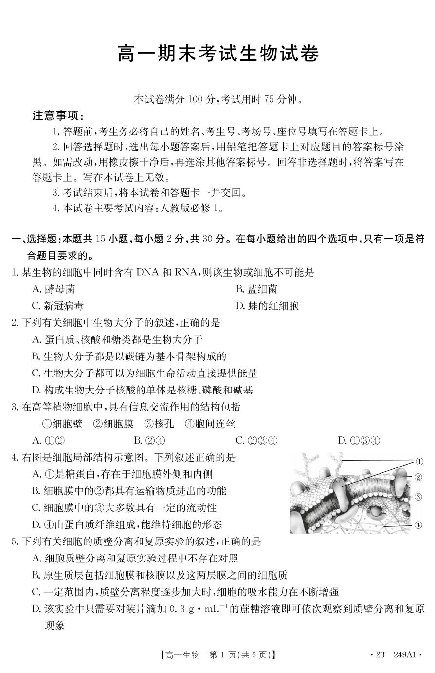 辽宁省绥中县利伟高级中学2022-2023学年高一上学期期末考试生物试题