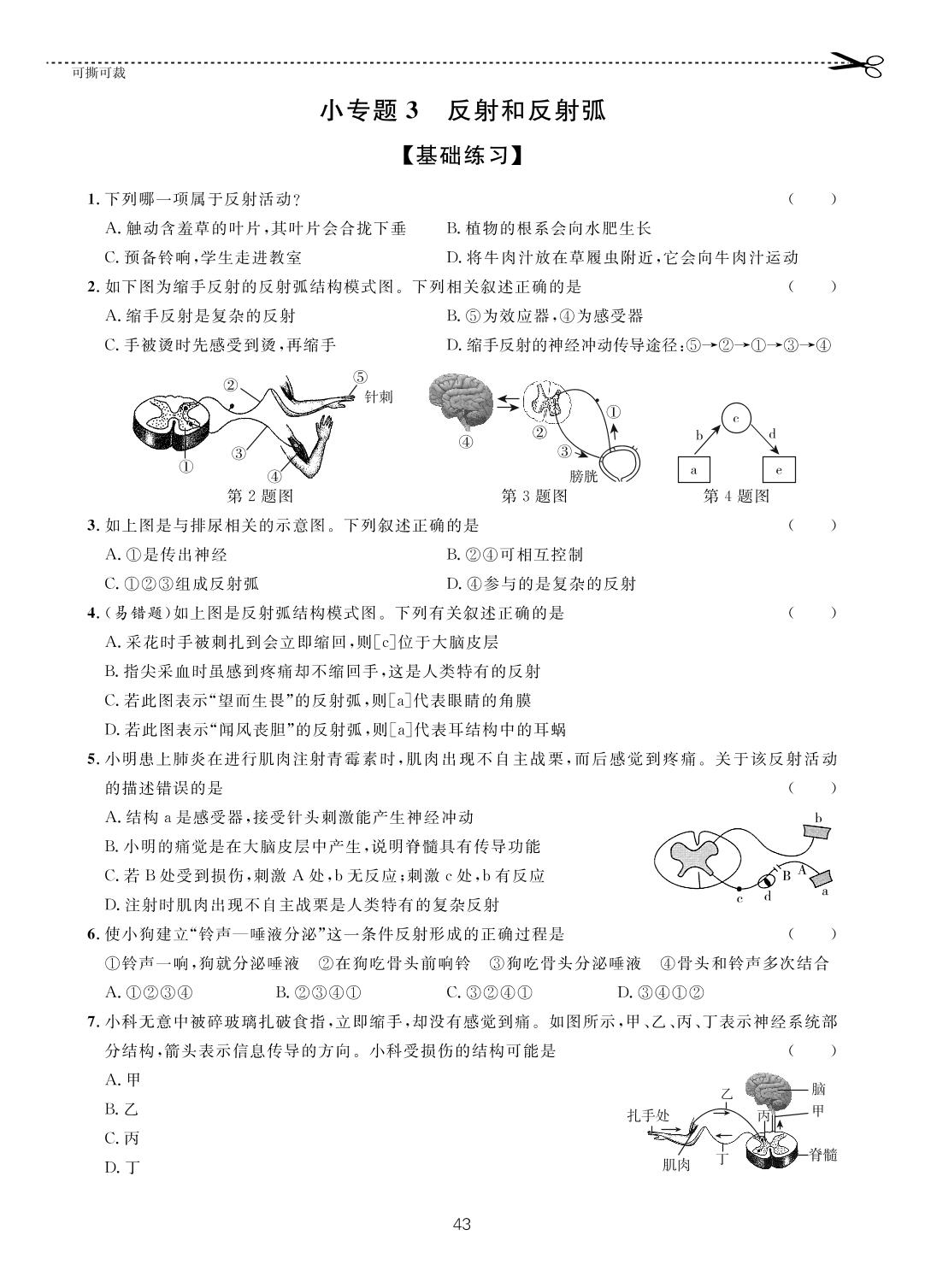 小专题3 反射和反射弧-【一课通】2022-2023学年七年级下册生物随堂小练习(人教版)