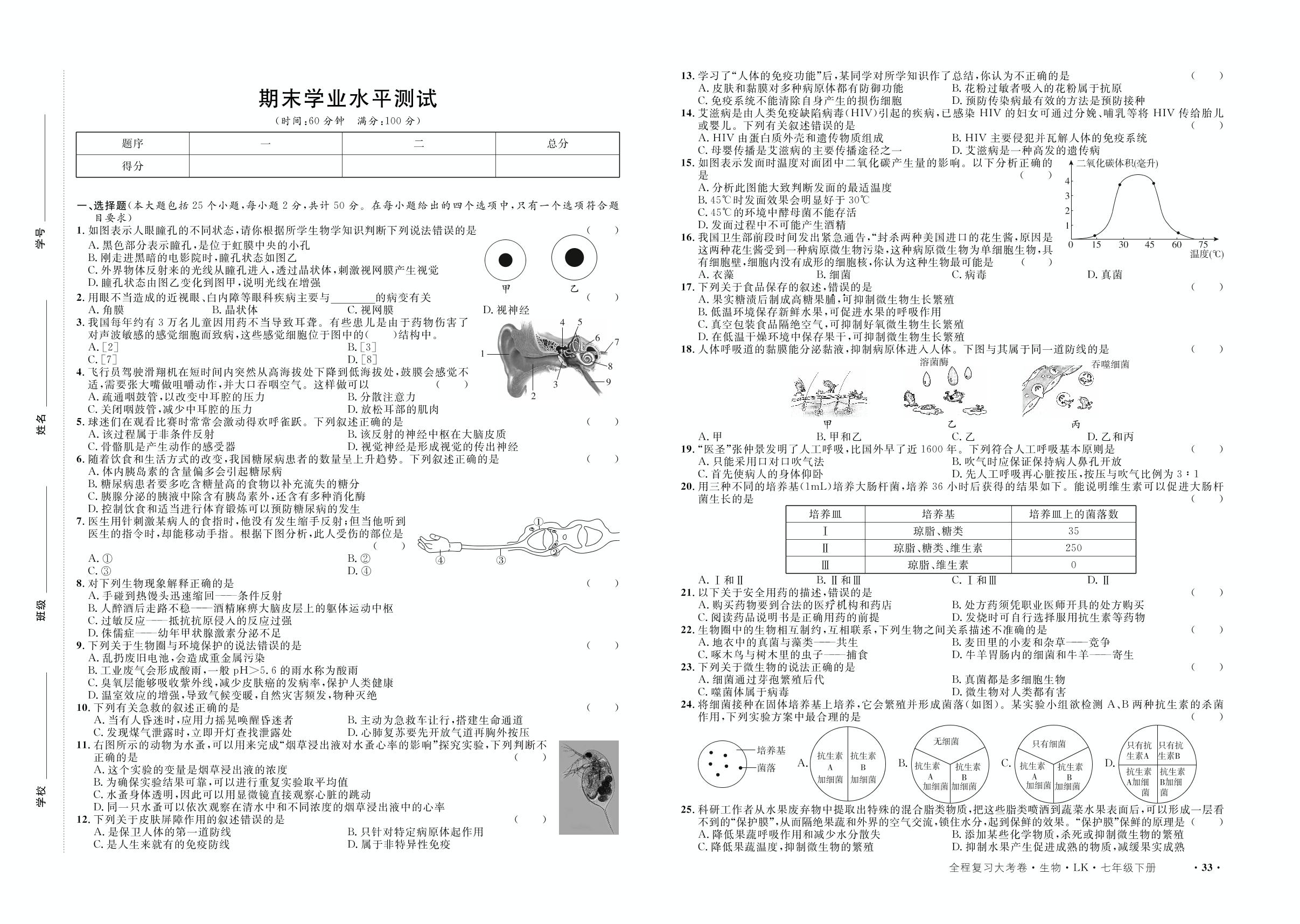 期末学业水平测试-【一课通】2022-2023学年七年级下册生物同步大考卷全程复习（鲁科版）