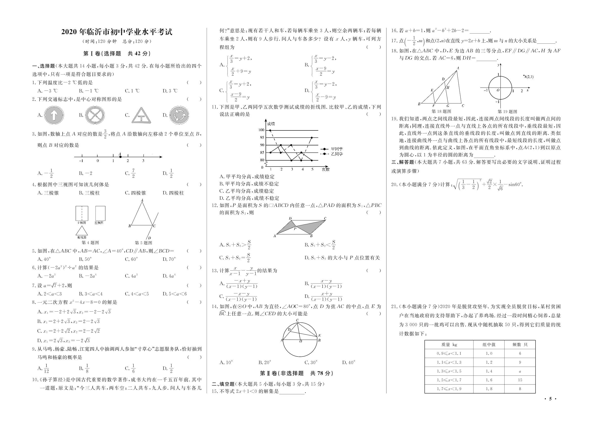 2020山东临沂初中数学学业水平考试卷-【赢在中考·高效备考】2023中考数学试卷汇编（临沂专用）