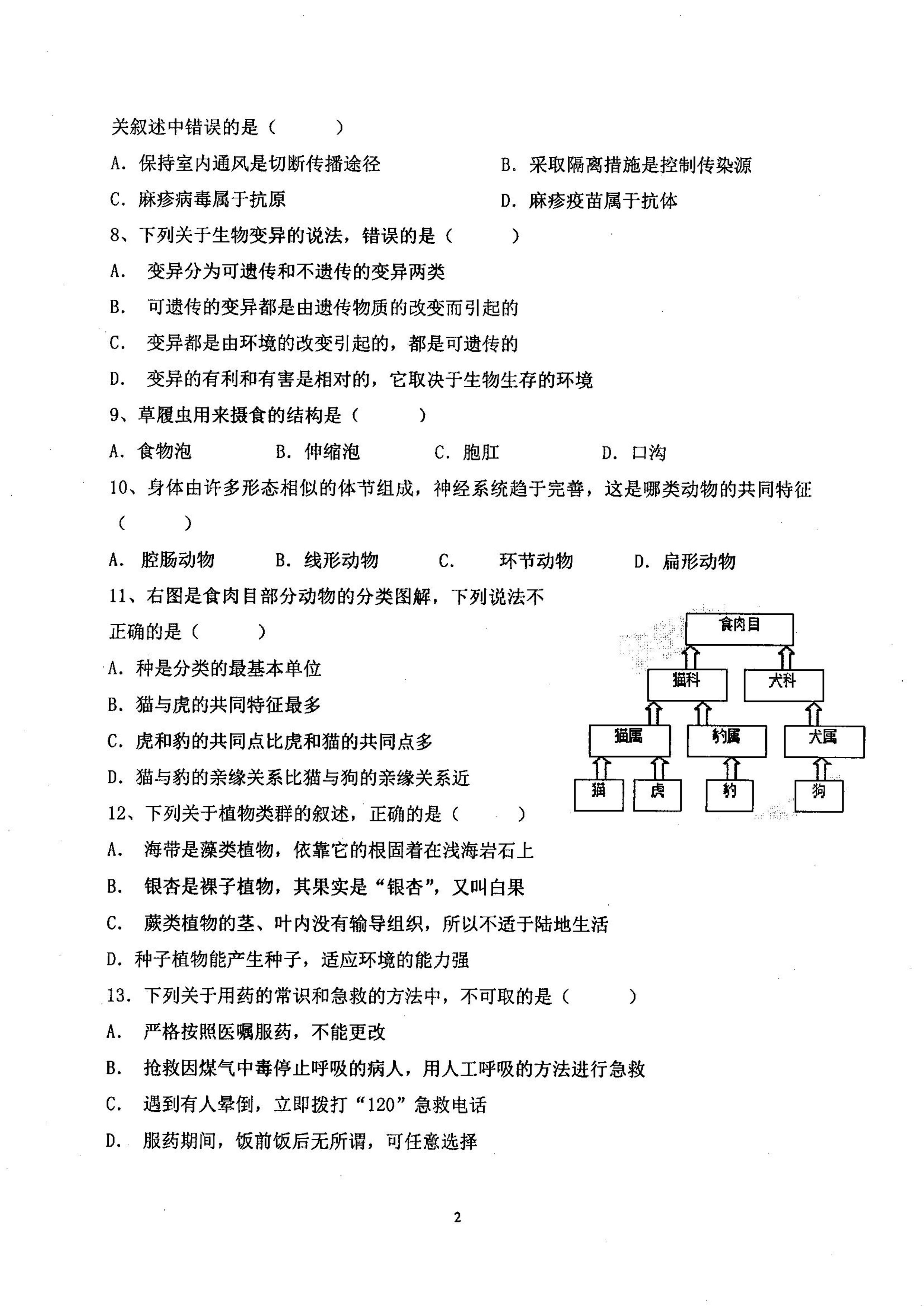 广东省湛江市第二中学霞山分校2021-2022学年八年级下学期期中考试生物试卷
