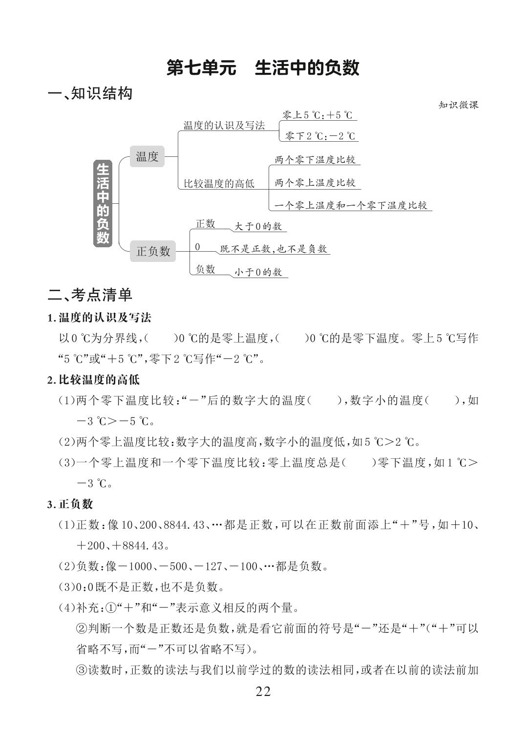 四年级第七单元 生活中的负数 -【木叉教育】2023-2024学年小学数学四年级上册知识清单（北师大版）