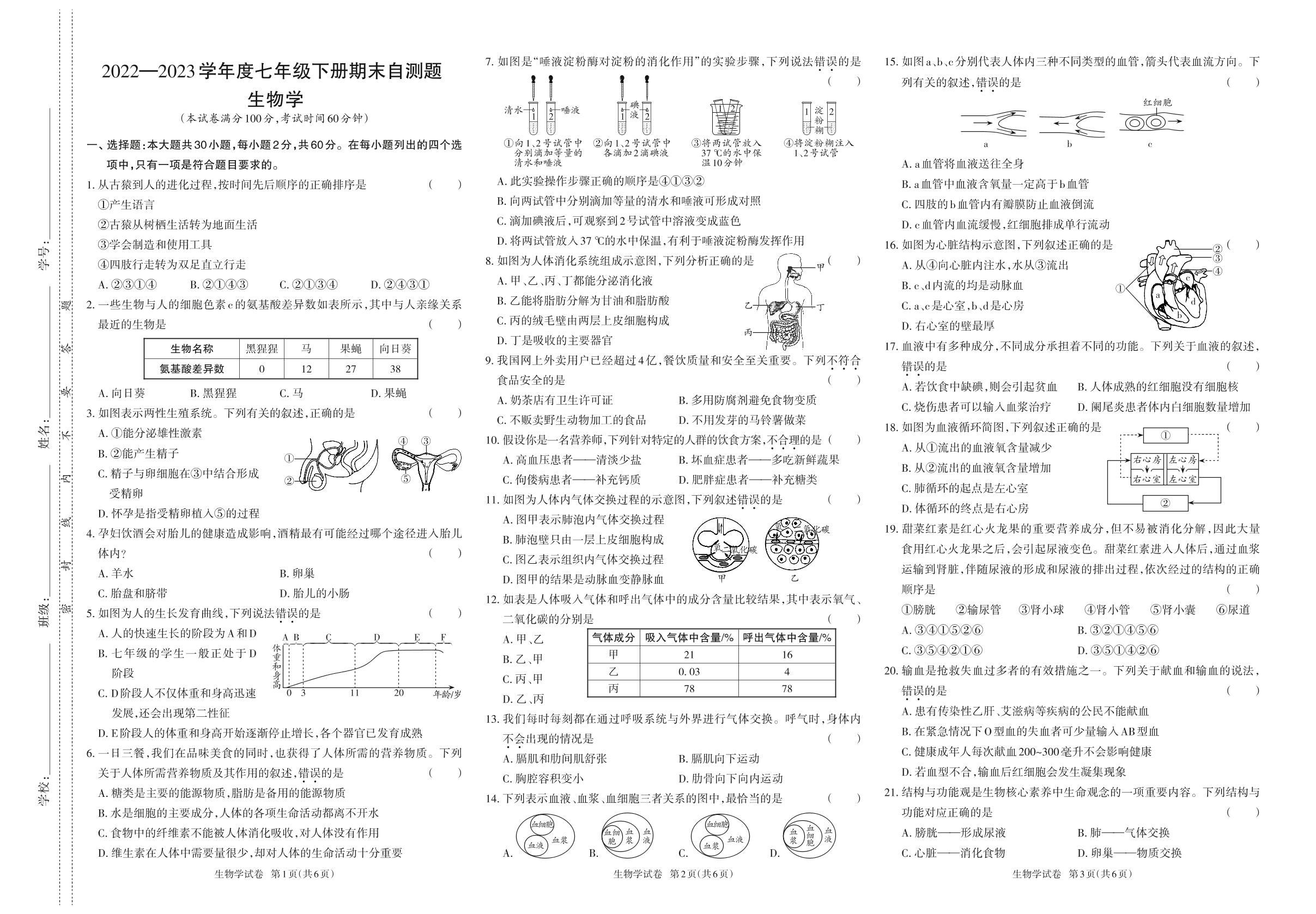 2022—2023学年度七年级下册生物期末自测题-【同步冲刺】2022-2023学年初中期末测试卷