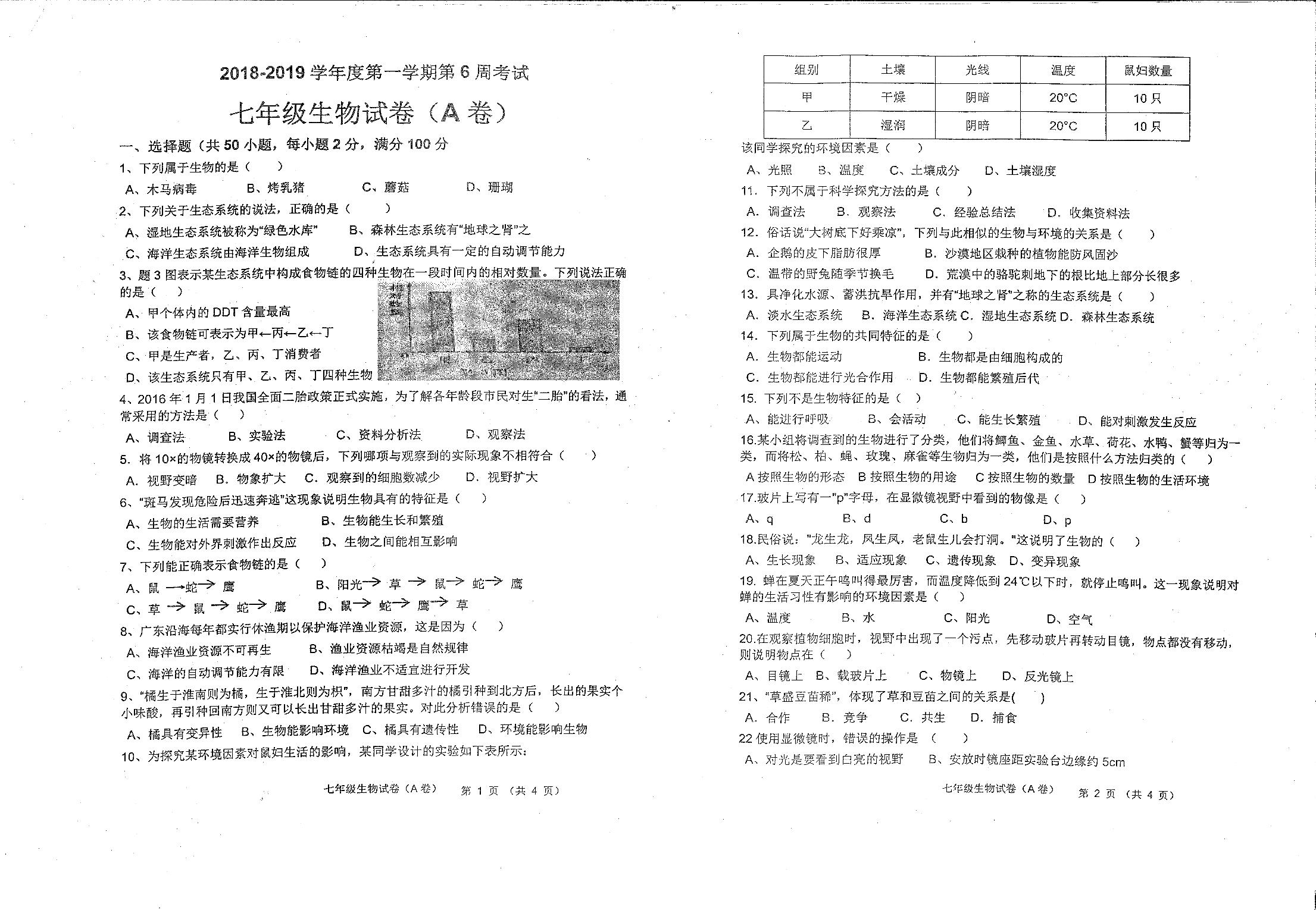 广东省茂名市高州市七校联考2018-2019学年七年级上学期第六周（10月）考试生物试题（PDF 版，无答案）