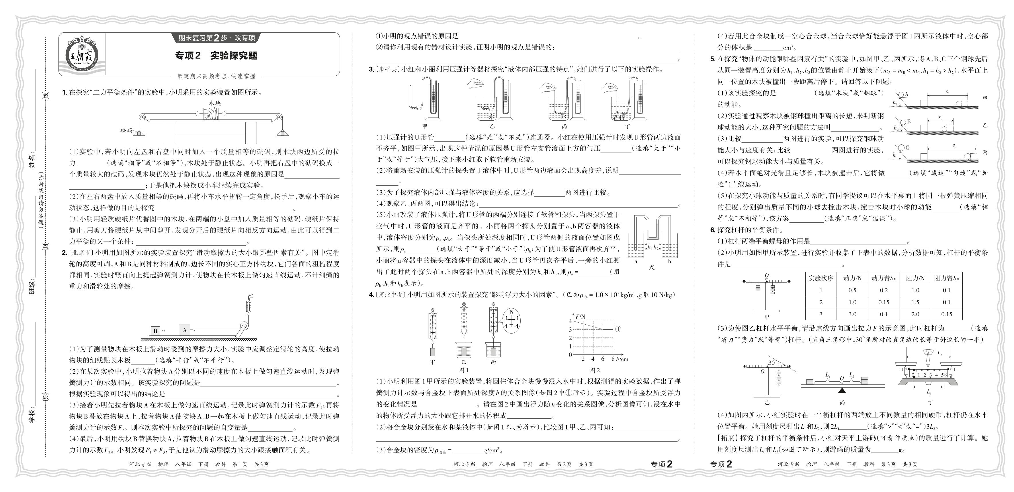 专项2 实验探究题-【王朝霞系列丛书】2023-2024学年八年级下册物理期末试卷精选（教科版 河北专版）
