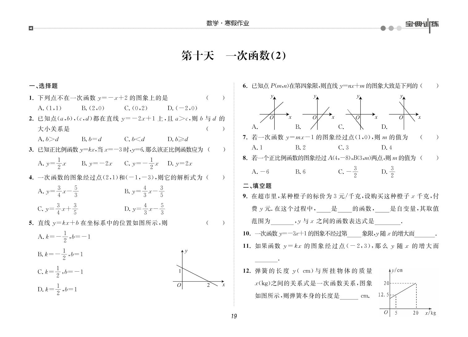 第十天 一次函数(2)-【宝典训练】2023-2024学年八年级上册数学寒假作业(北师大版)