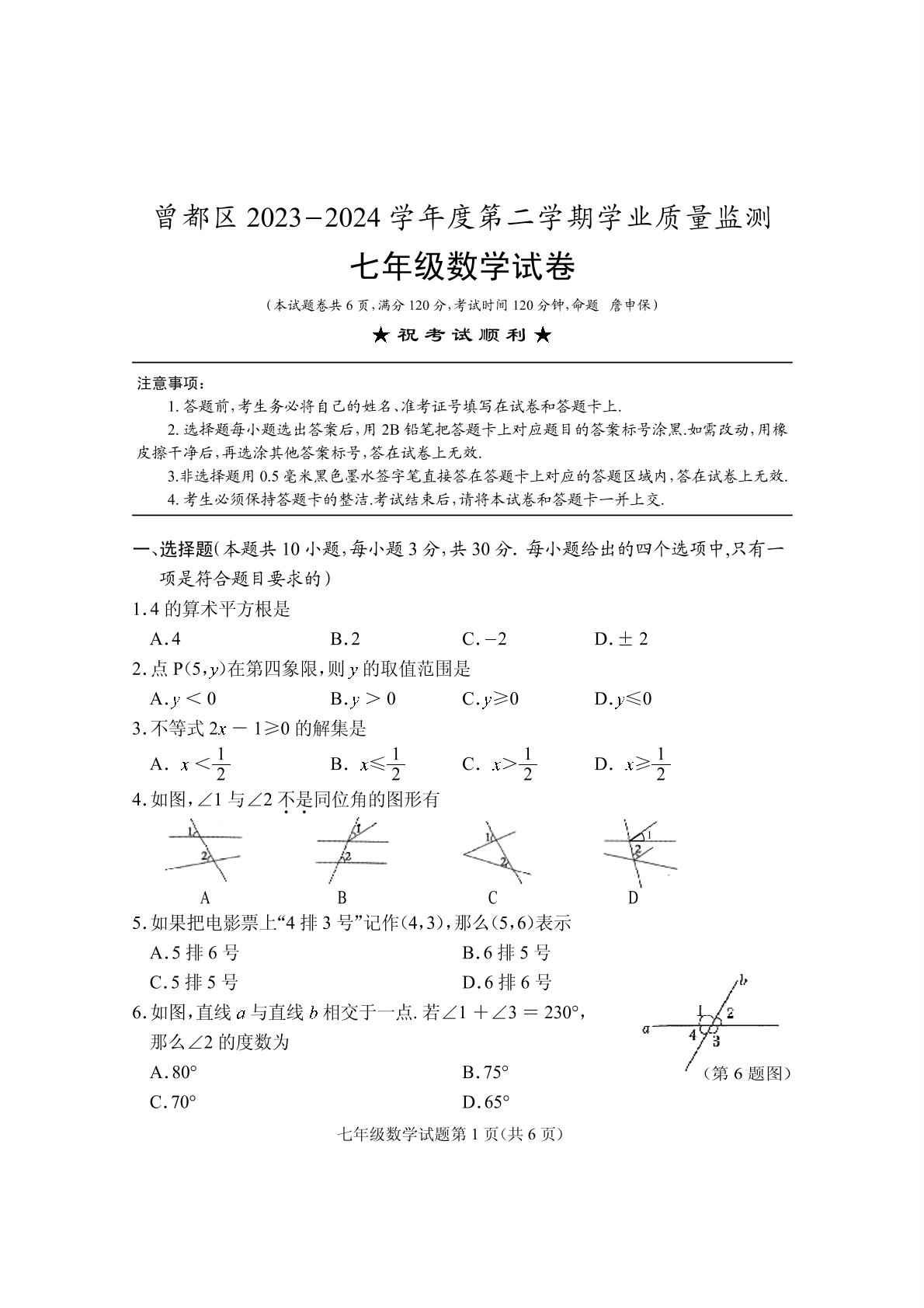湖北省随州市曾都区2023-2024学年七年级下学期期末学业质量监测数学试卷