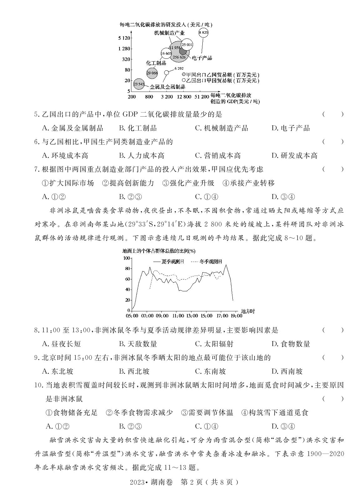 10.2023年普通高中学业水平选择性考试(湖南卷)（含答题卡）-【高考密码】2022-2024三年高考地理真题汇编试卷