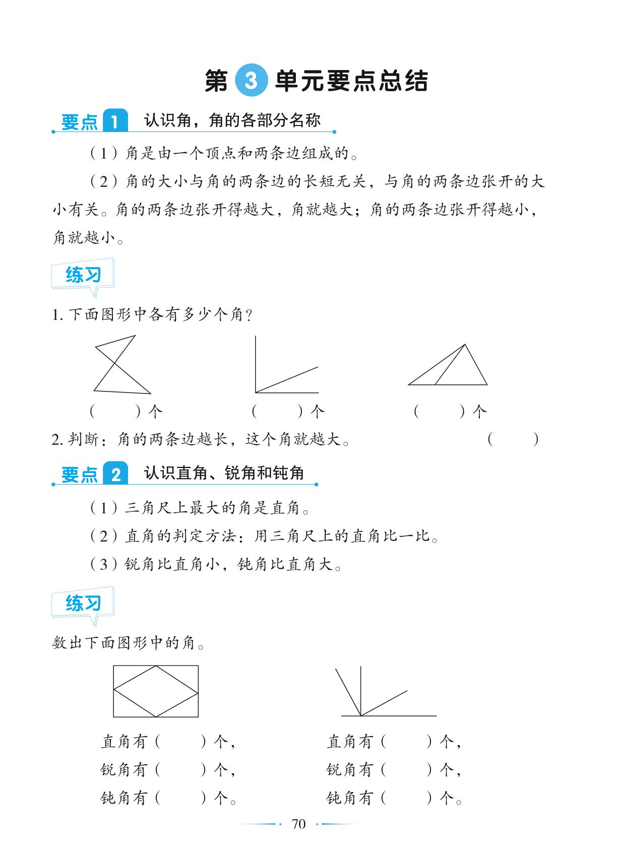 第3单元 角的初步认识 要点总结-【随堂笔记】2024-2025学年二年级上册数学（人教版）