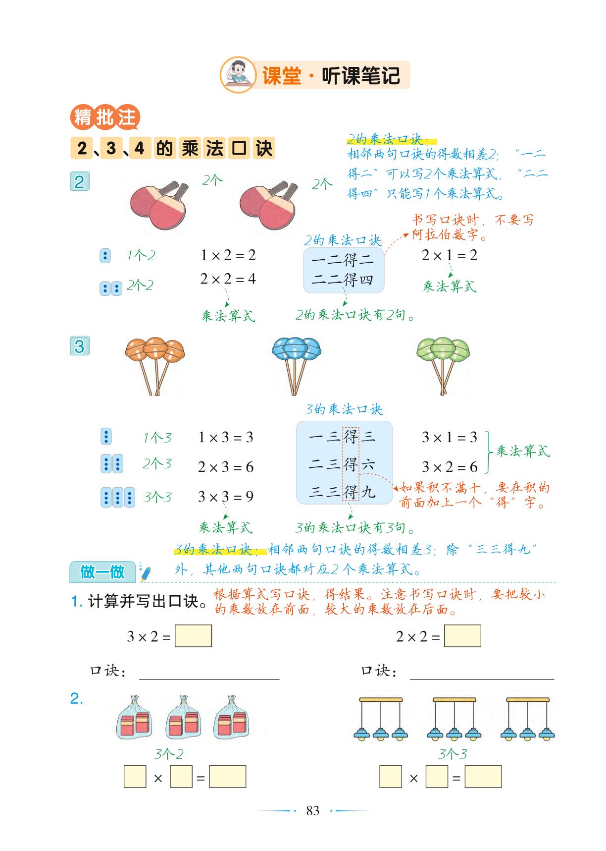 第4单元 2 第2课时 2、3、4的乘法口诀-【随堂笔记】2024-2025学年二年级上册数学（人教版）
