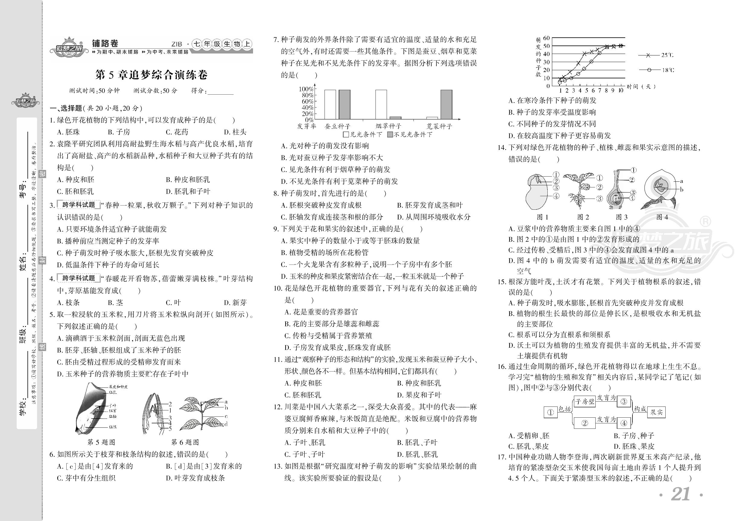 第5章 绿色开花植物的生活史 追梦综合演练卷-【追梦之旅·初中铺路卷】 2024-2025学年新教材七年级上册生物（北师大版2024）