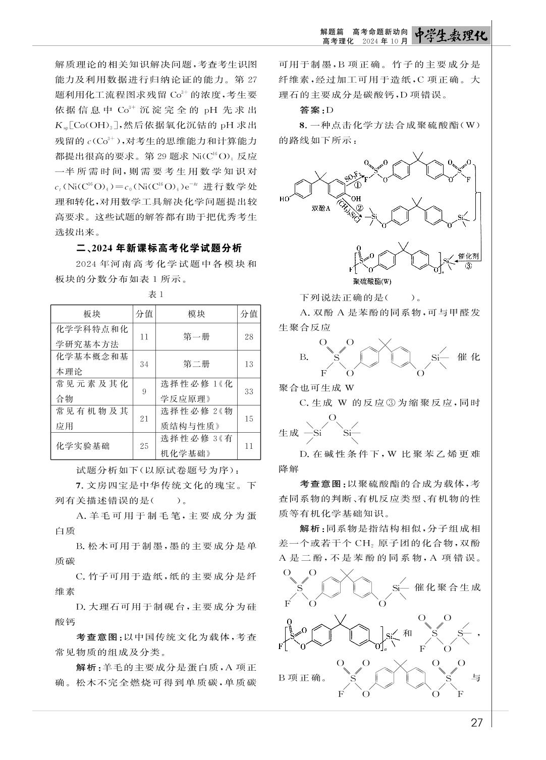08 新课标高考化学试题评析及备考建议-《中学生数理化》高考理化2024年10月刊