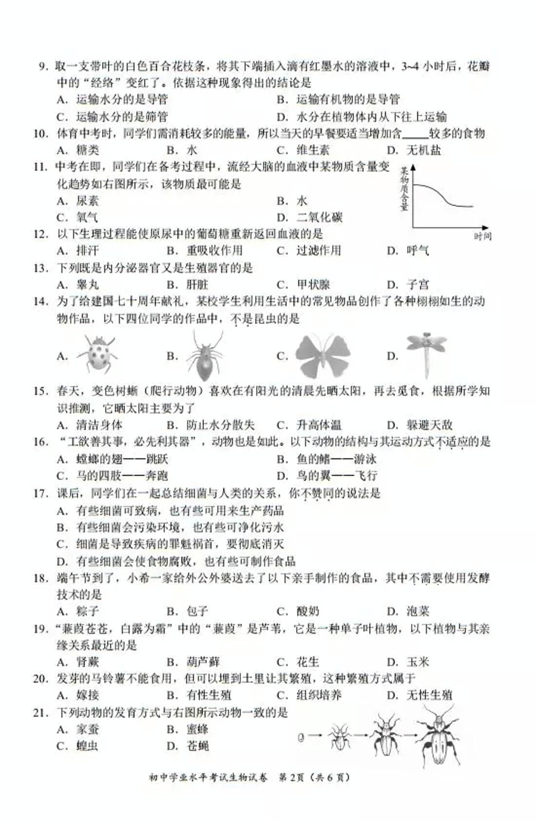 2019年湖南省长沙市中考生物试题（图片版，含答案）