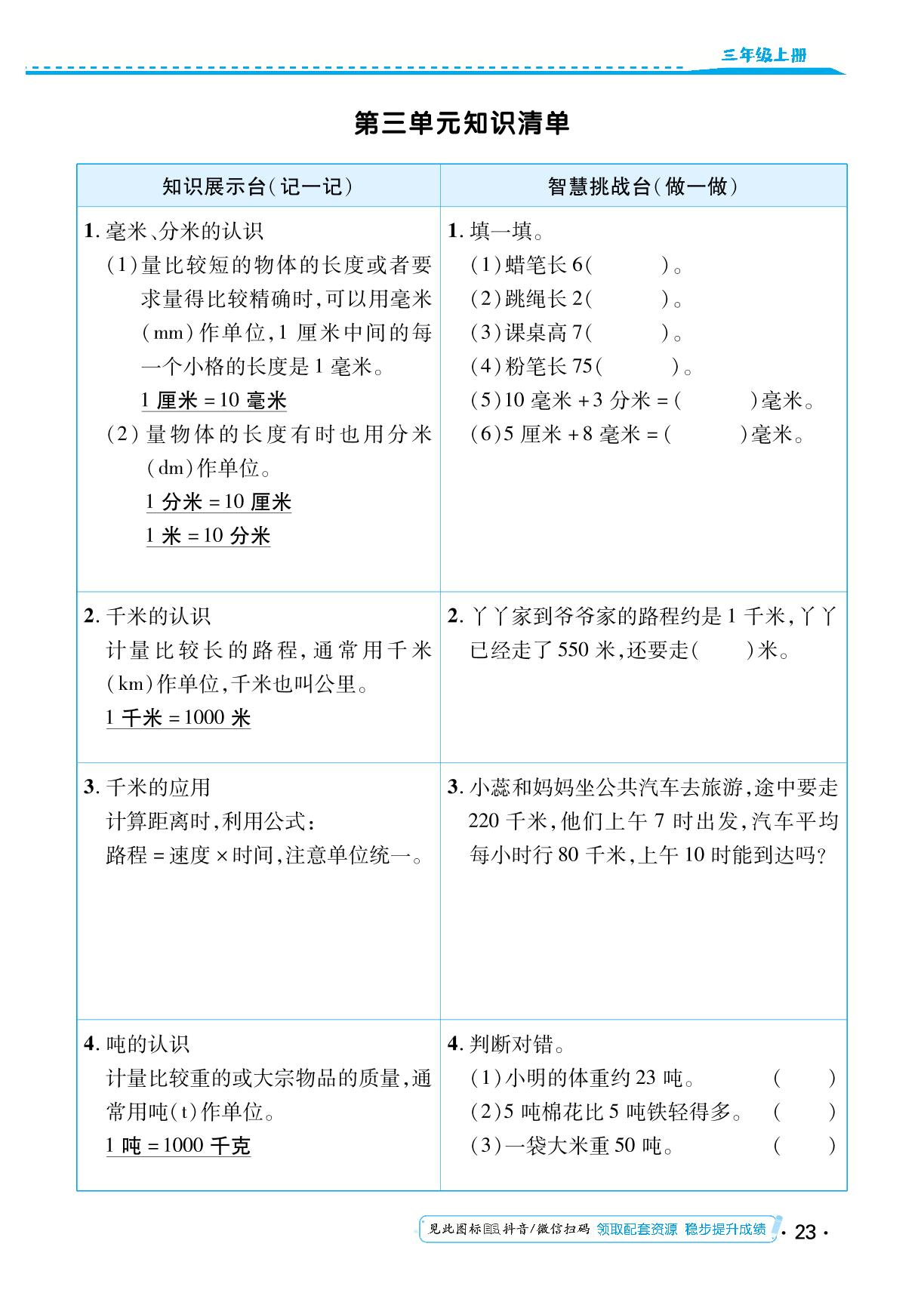 第三单元 测量 知识清单&单元质量检测卷-【勤径小学升】2024-2025学年三年级数学上册同步练测（人教版）