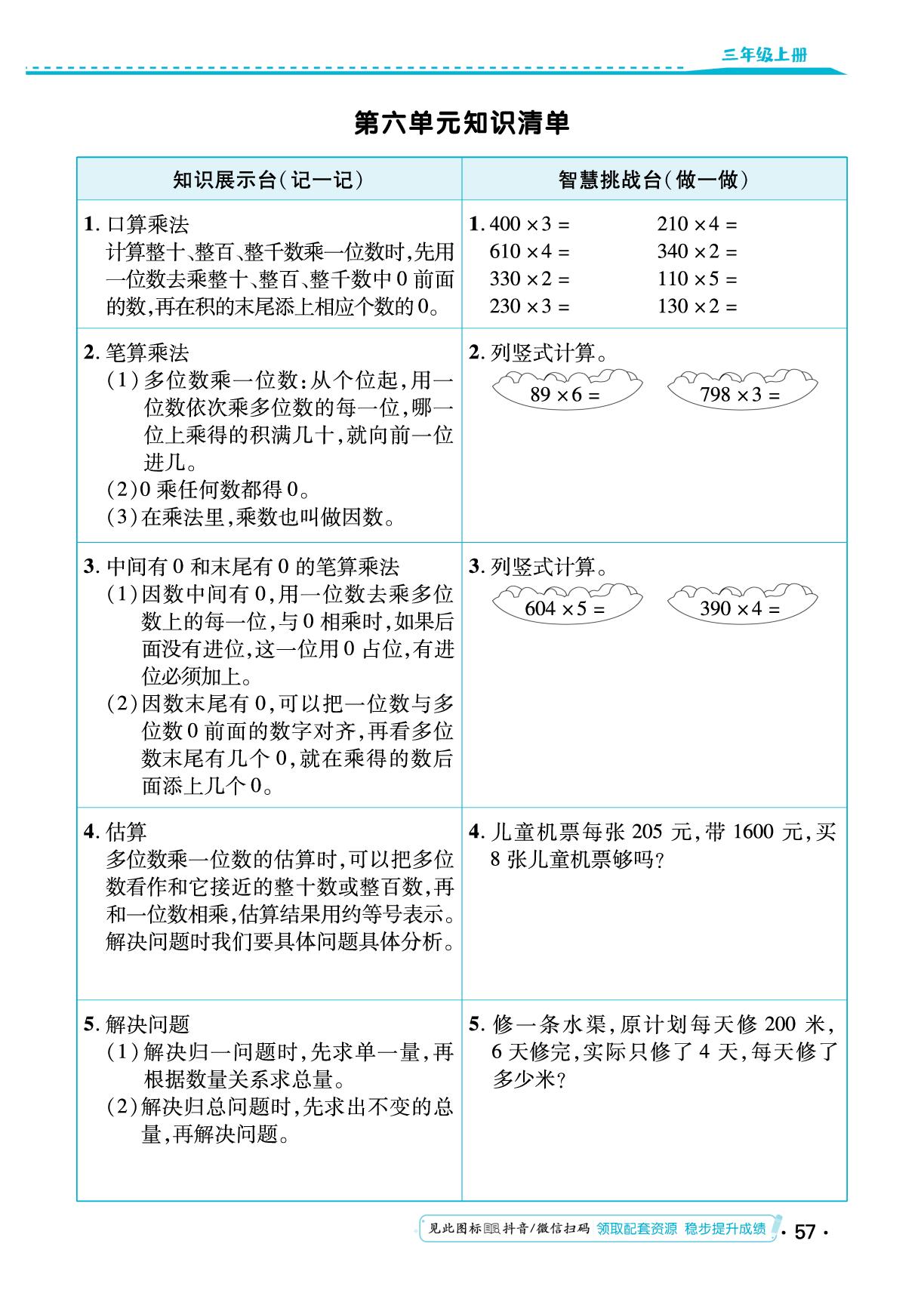 第六单元 多位数乘一位数 知识清单&单元质量检测卷-【勤径小学升】2024-2025学年三年级数学上册同步练测（人教版）